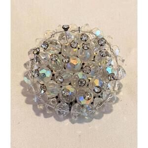 Vintage A/B Austrian Crystal Round Brooch Pin Silvertone w/ Rhinestones 1 5/8"
